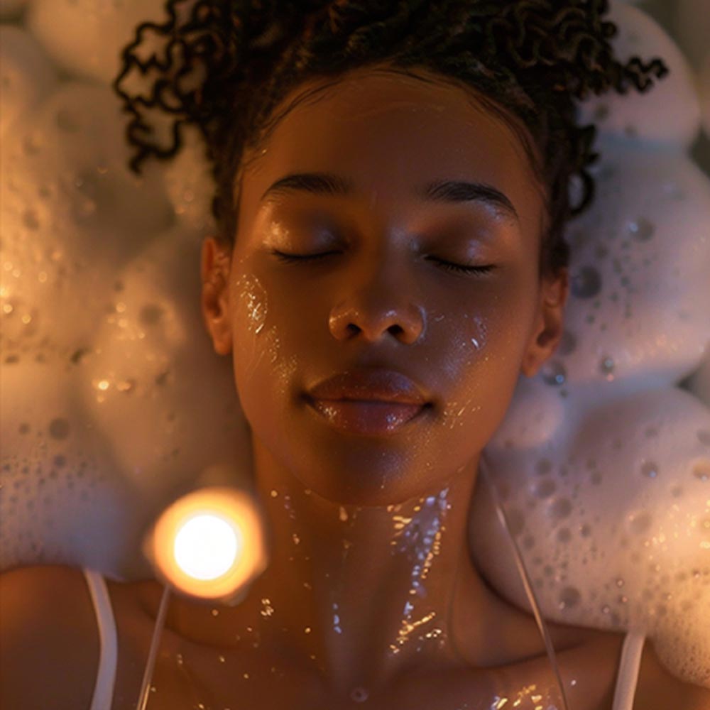 Woman lying in a Vigour8 bodywash bubble bath.