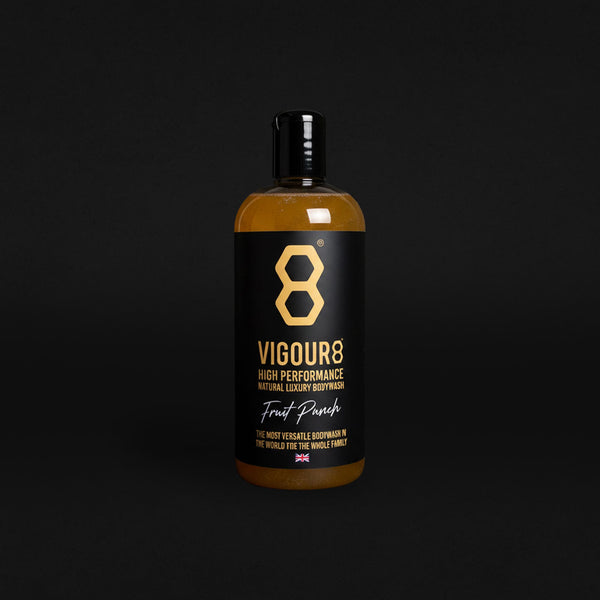 Bottle of Vigour8 Fruit Punch body wash on a dark background