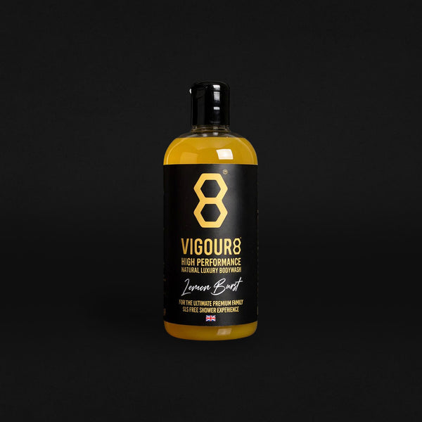 Vigour8 Lemon Bust body wash bottle on a black background