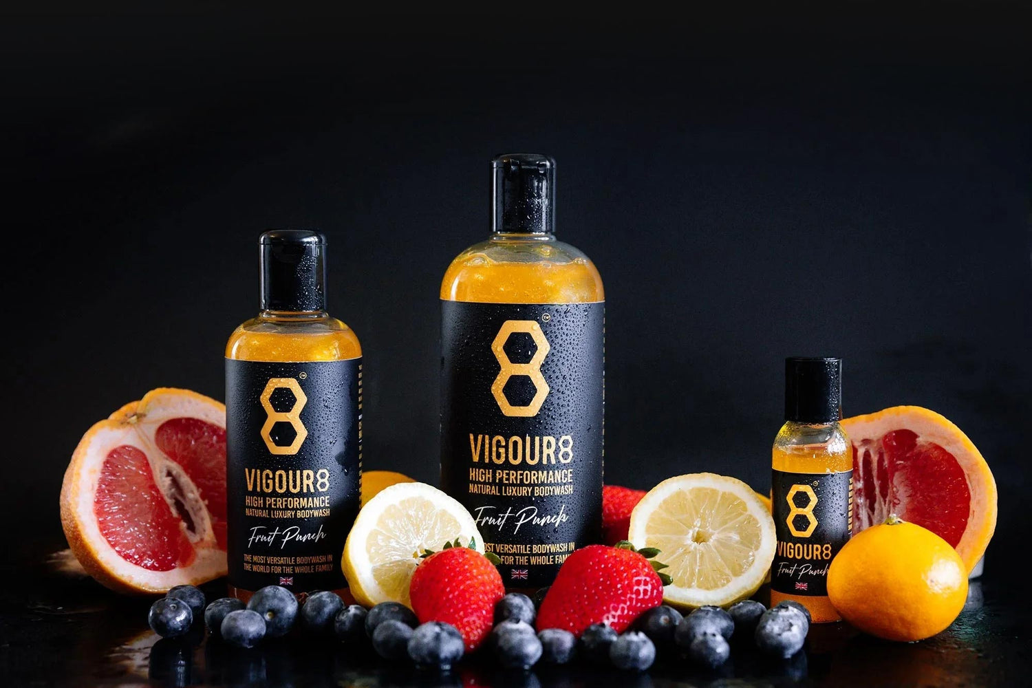 Vigour8 high-performance body wash bottles on a dark background