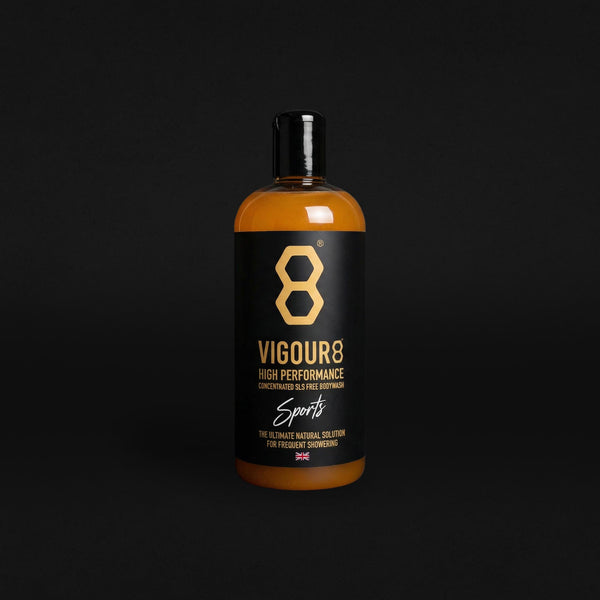 Bottle of Vigour8 Sports body wash on a black background